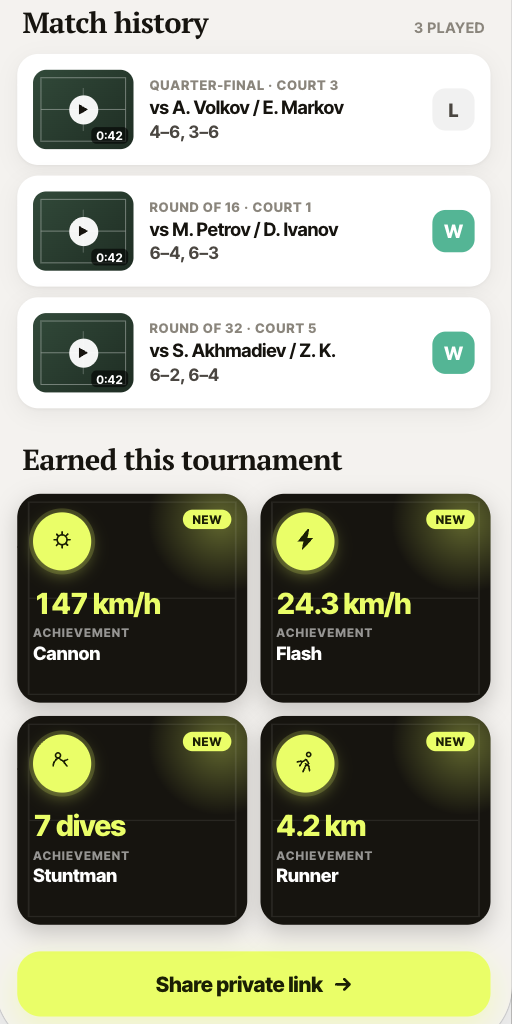 BallBall player match history and achievement cards
